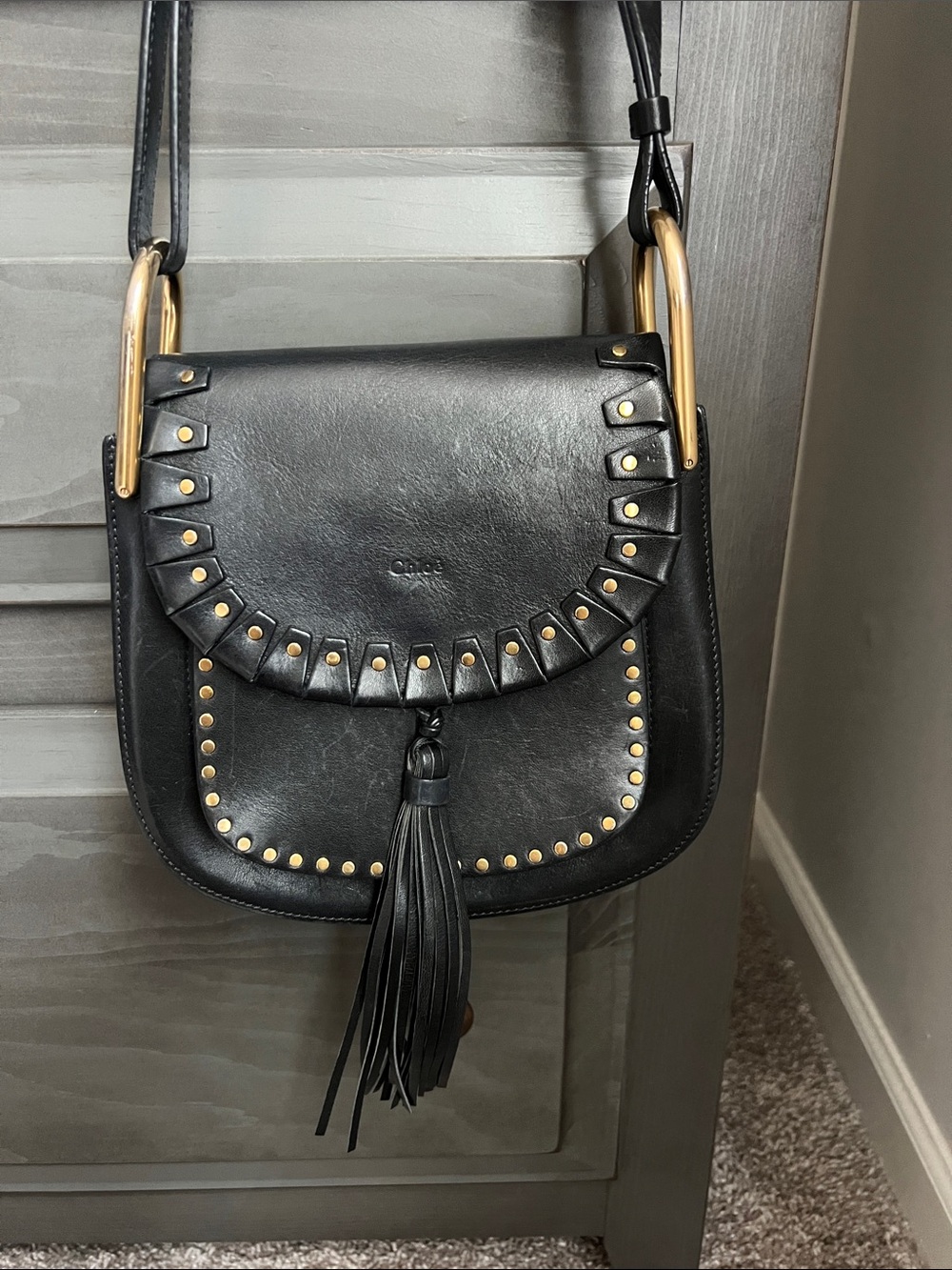 Chloé Hudson Black Leather Crossbody Bag with Tassel and Gold Hardware